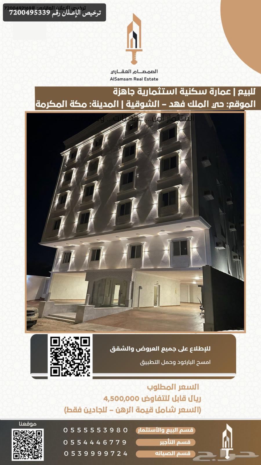 للبيع عمارة سكنيه حي الملك فهد الشوقية مكة المكرمة63010920009217111