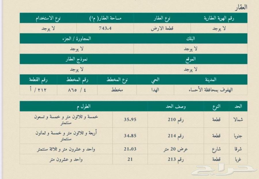 ارض للبيع حي الهدا أ - الهفوف63013386245378116