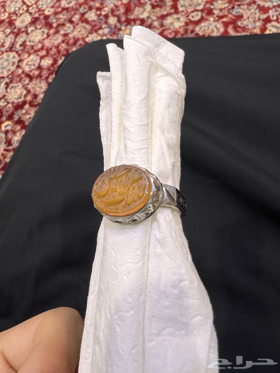 خاتم عقيق يماني مشمشي منقوش (لبيك يا حسين) جديد فضة ثقيل63734891075713113