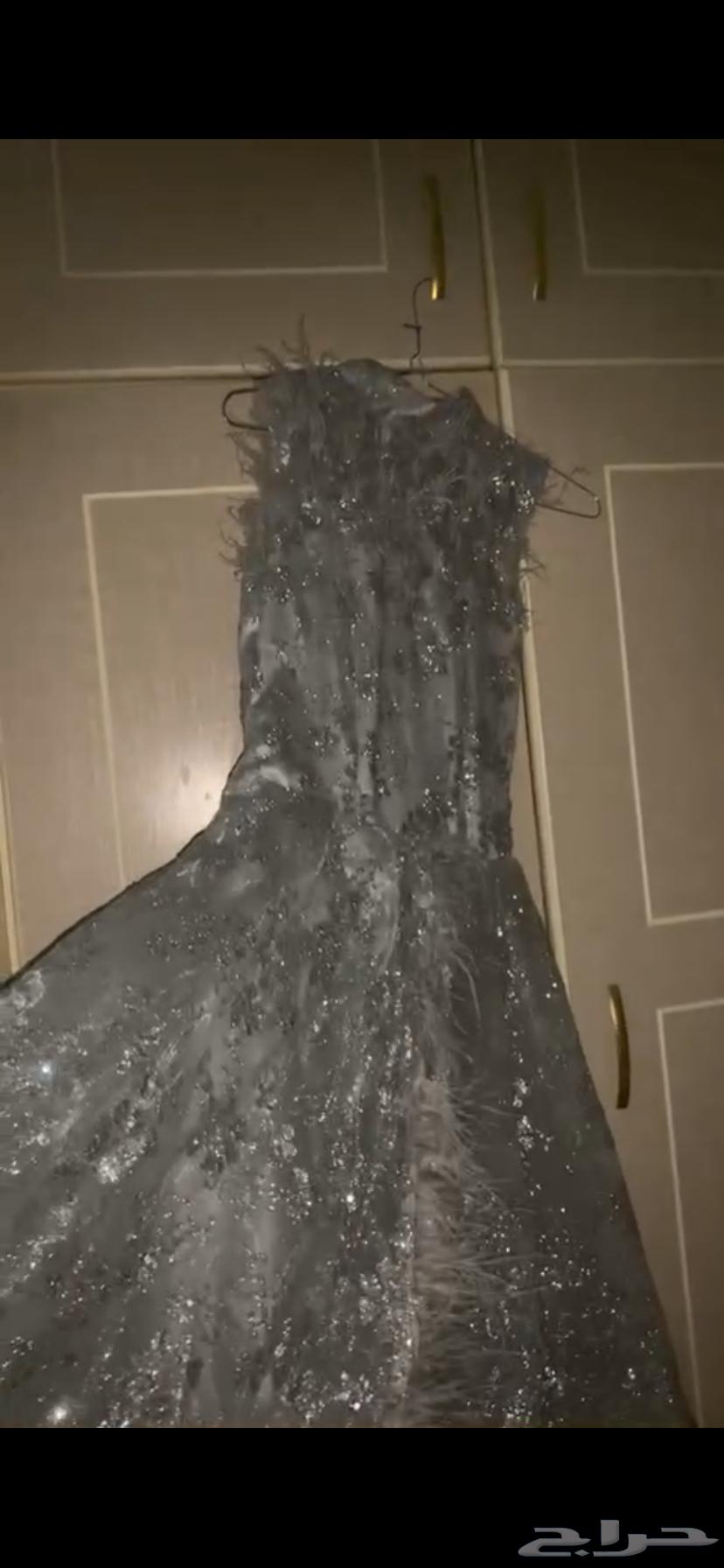 A dress with shiny edges and feathers, with a slit from the middle of the dress down to below the knee63731530918017112