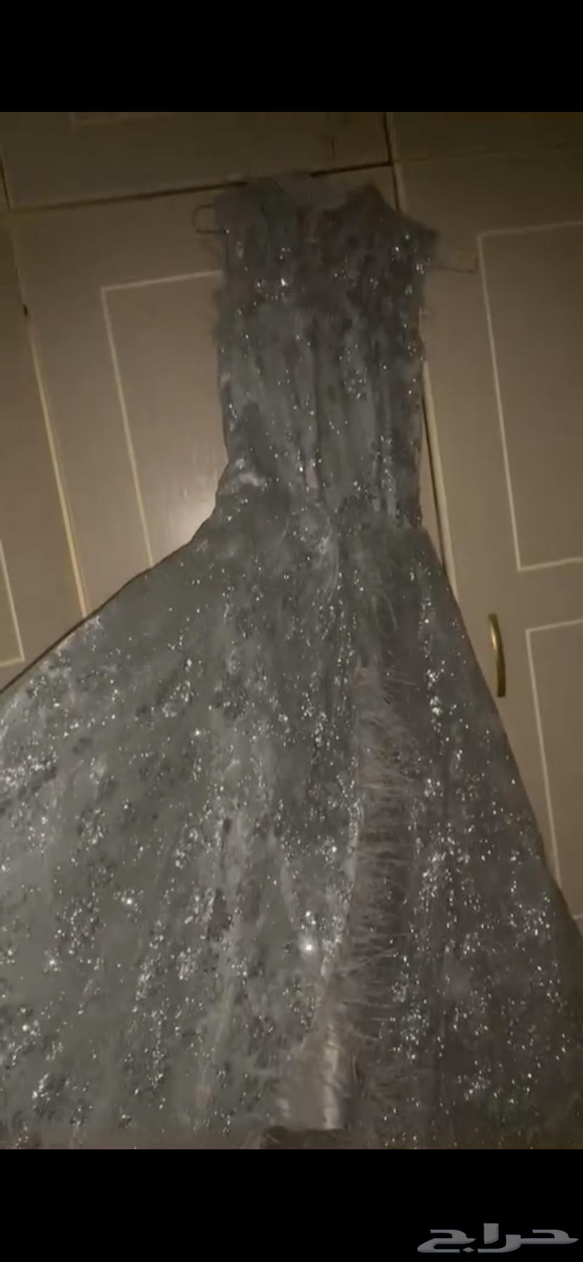 A dress with shiny edges and feathers, with a slit from the middle of the dress down to below the knee63731530918017113