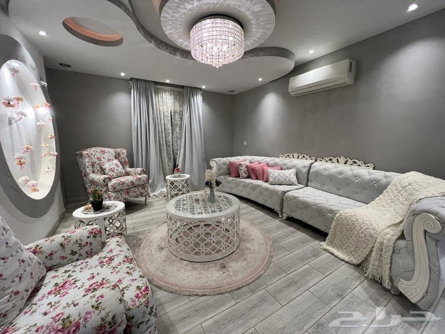 New sofa for sale with curtains, tables, and footstool63761902061059111