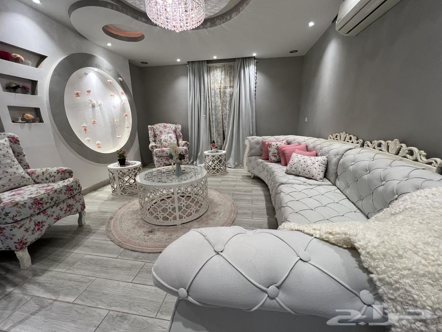 New sofa for sale with curtains, tables, and footstool63761902061059110