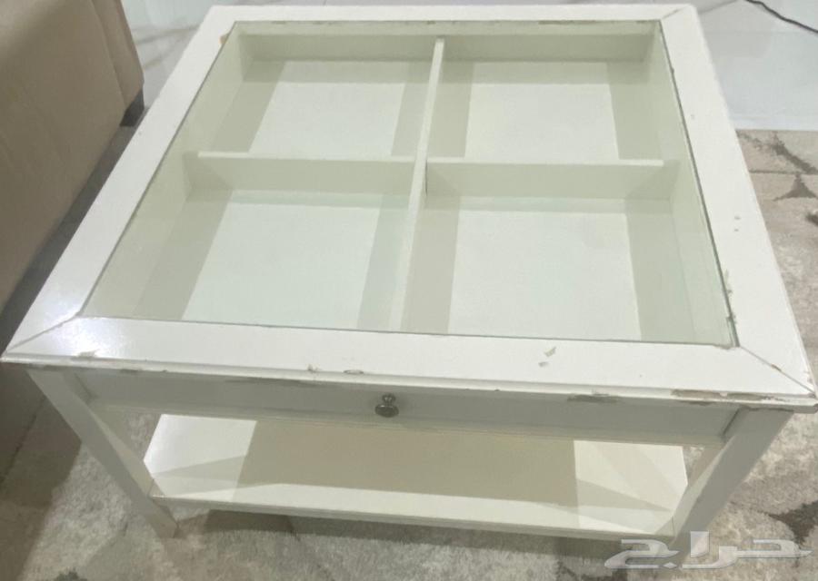 طاولة ايكيا بيضاء سطحها زجاج ودرج للتخزين 3 طاولات خدمة64305517512579110