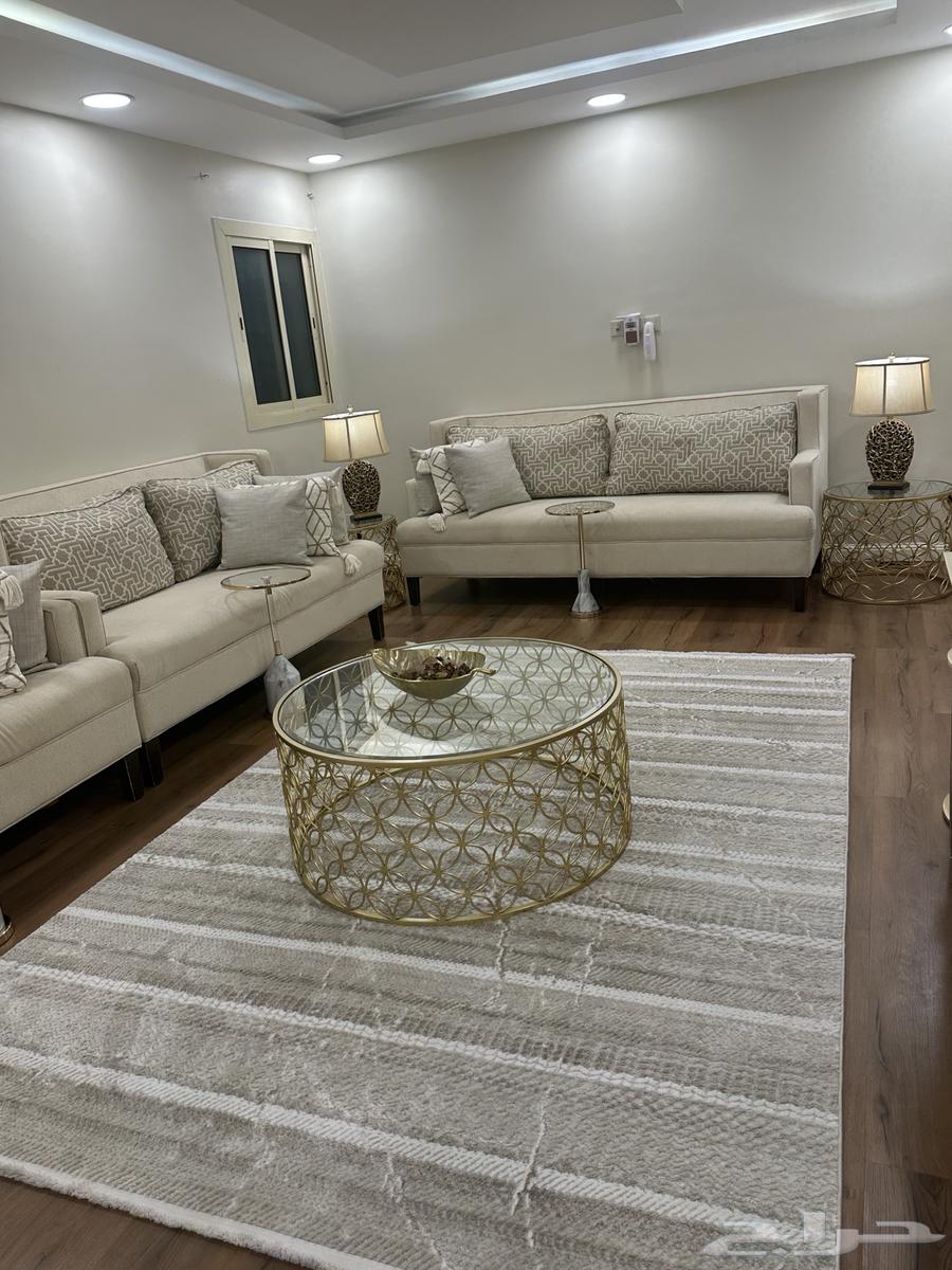 New Home Center sofa, lightly used with rug, tables, and lamps64313476568578111