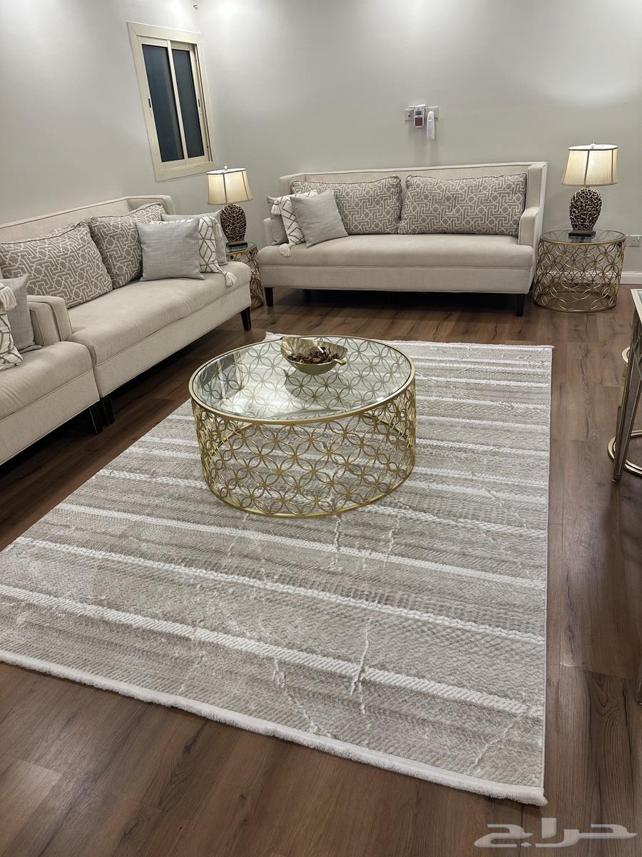 New Home Center sofa, lightly used with rug, tables, and lamps64313476568578113