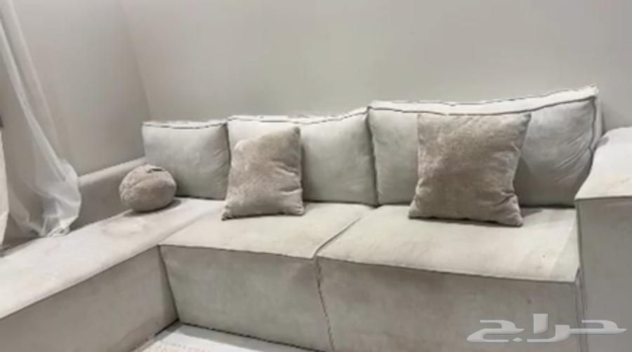 L-shaped living room sofa with pouf and chair, American fabric, one year old64363204403715111