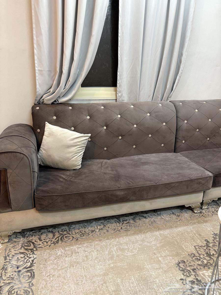 Complete living room set for sale including sofa with tables, carpet, curtain, and console64373312068225114