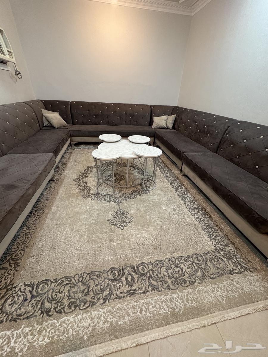 Complete living room set for sale including sofa with tables, carpet, curtain, and console64373312068225111