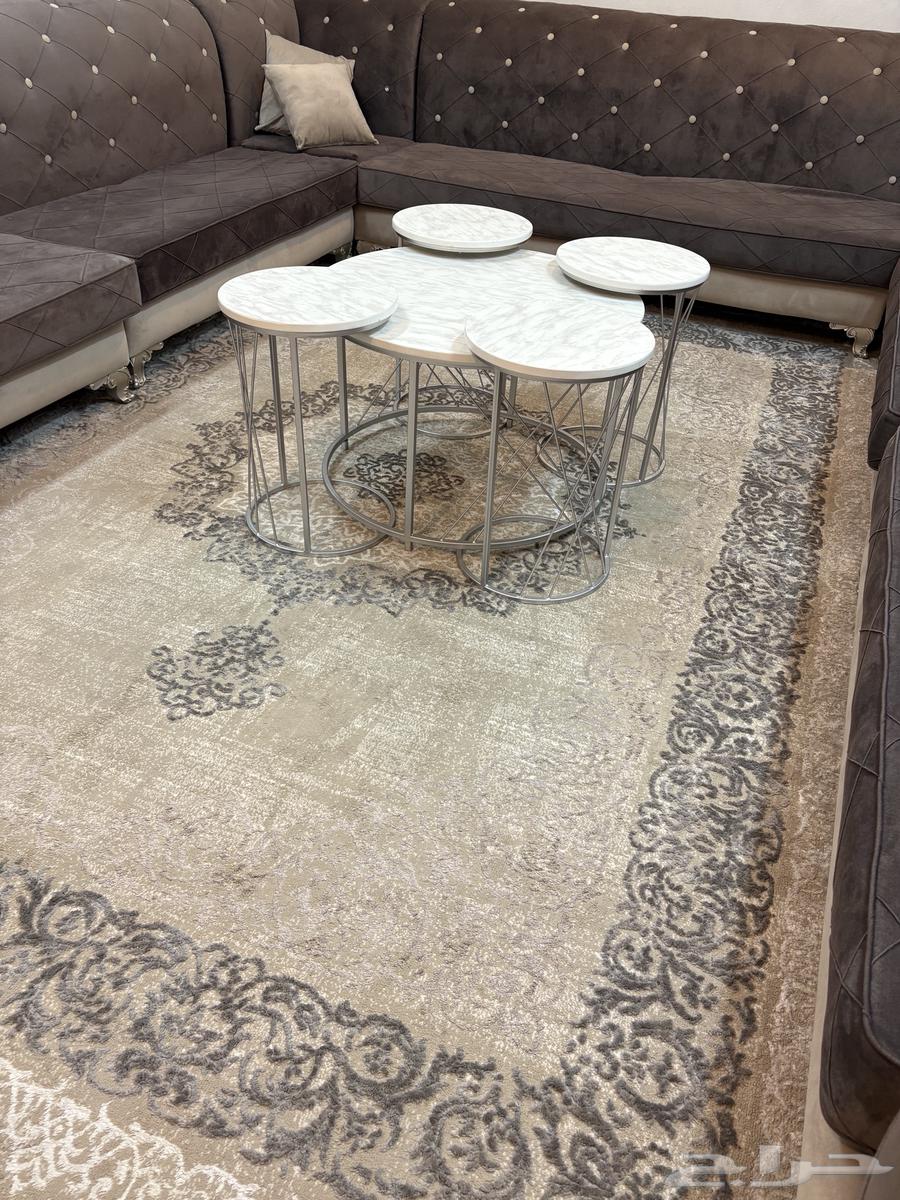 Complete living room set for sale including sofa with tables, carpet, curtain, and console64373312068225112