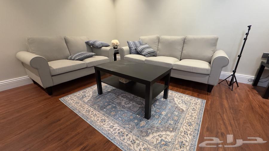 IKEA sofa set with two tables and storage shelves64369290634370110