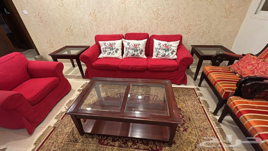 Used red IKEA sofa set with two chairs and a 3-piece table set64390333609601112