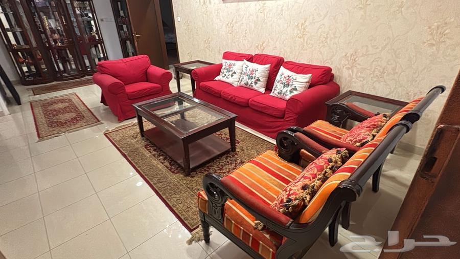 Used red IKEA sofa set with two chairs and a 3-piece table set64390333609601111