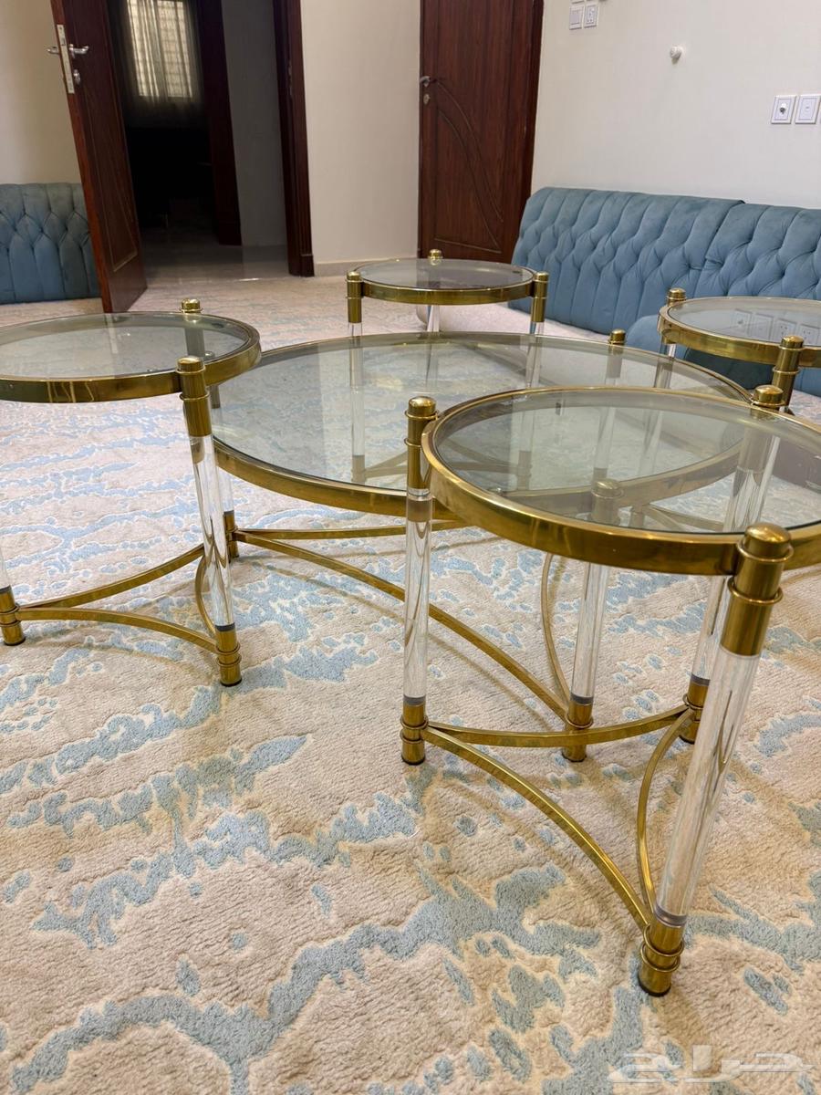 Large glass table with golden iron edges and four chairs, almost new64400314399875111