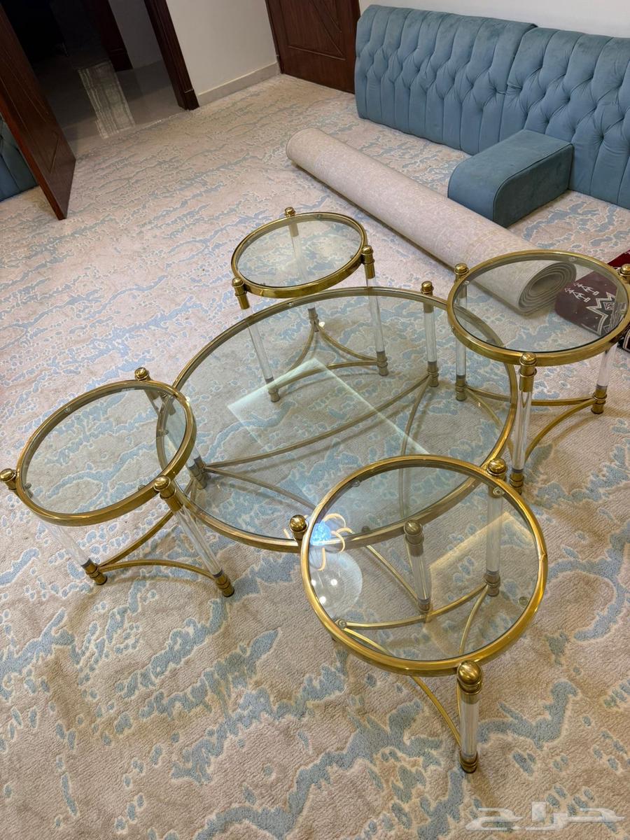Large glass table with golden iron edges and four chairs, almost new64400314399875110