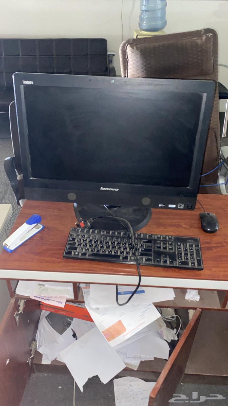 Office furniture, equipment, small printers, one large printer, and split air conditioners64403084898818112