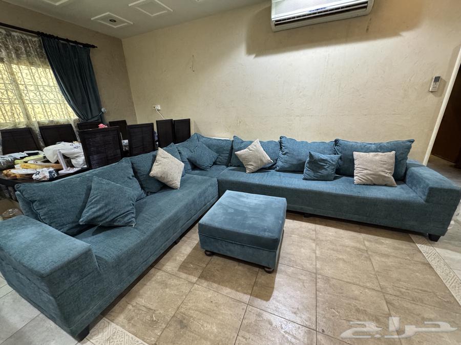 كنب حرف L لون تركواز قماش شانيل مع ستارة كاملة نفس اللون64401606098819110