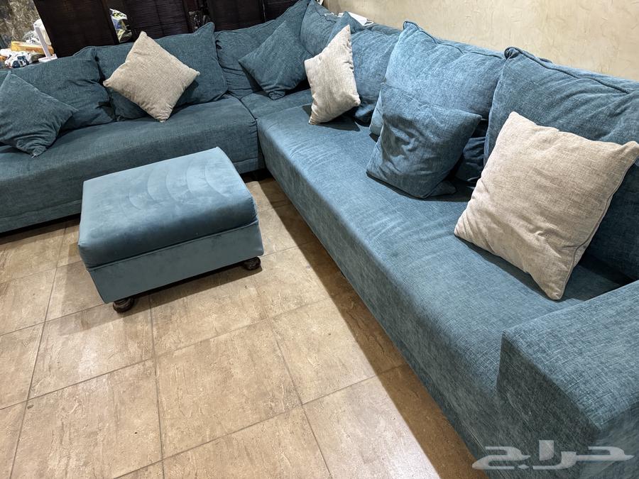 كنب حرف L لون تركواز قماش شانيل مع ستارة كاملة نفس اللون64401606098819111