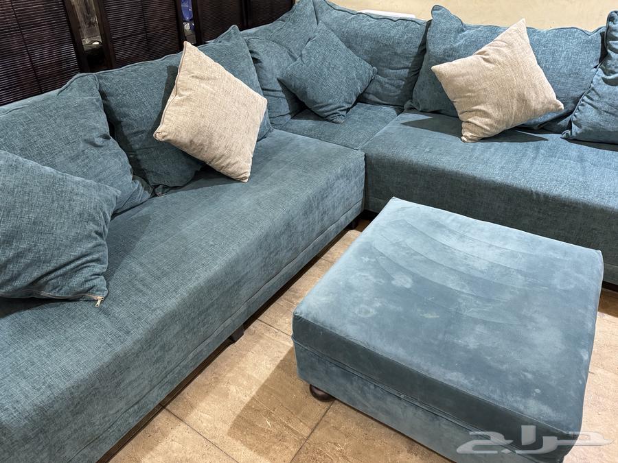 كنب حرف L لون تركواز قماش شانيل مع ستارة كاملة نفس اللون64401606098819113