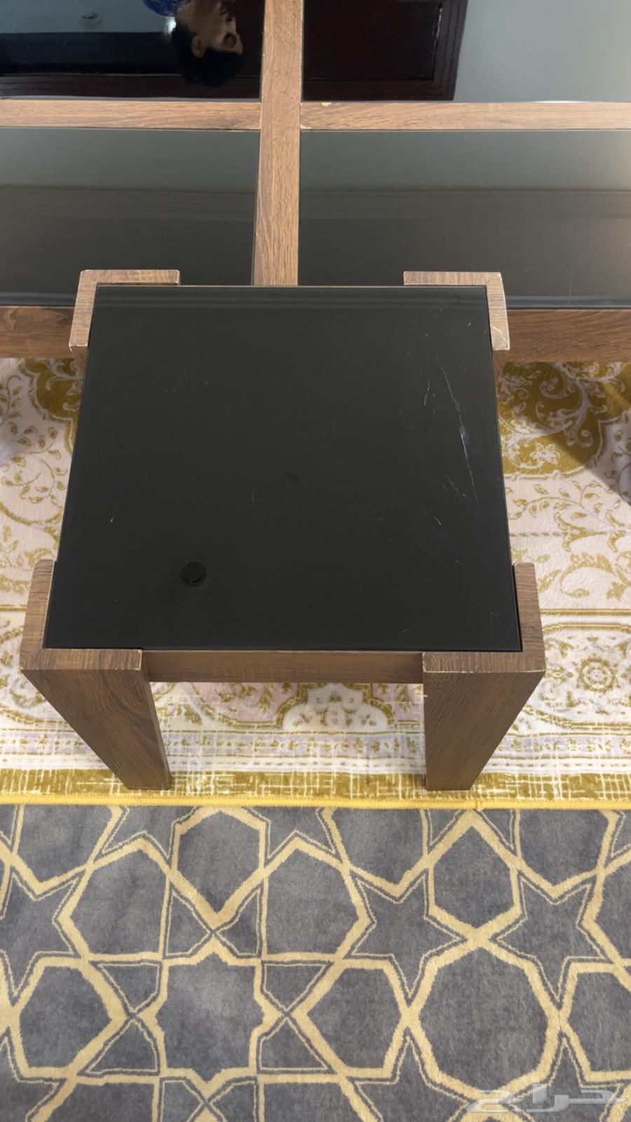 4 small and 1 large majlis tables and a burnt brown TV table with glasses64422232507906114