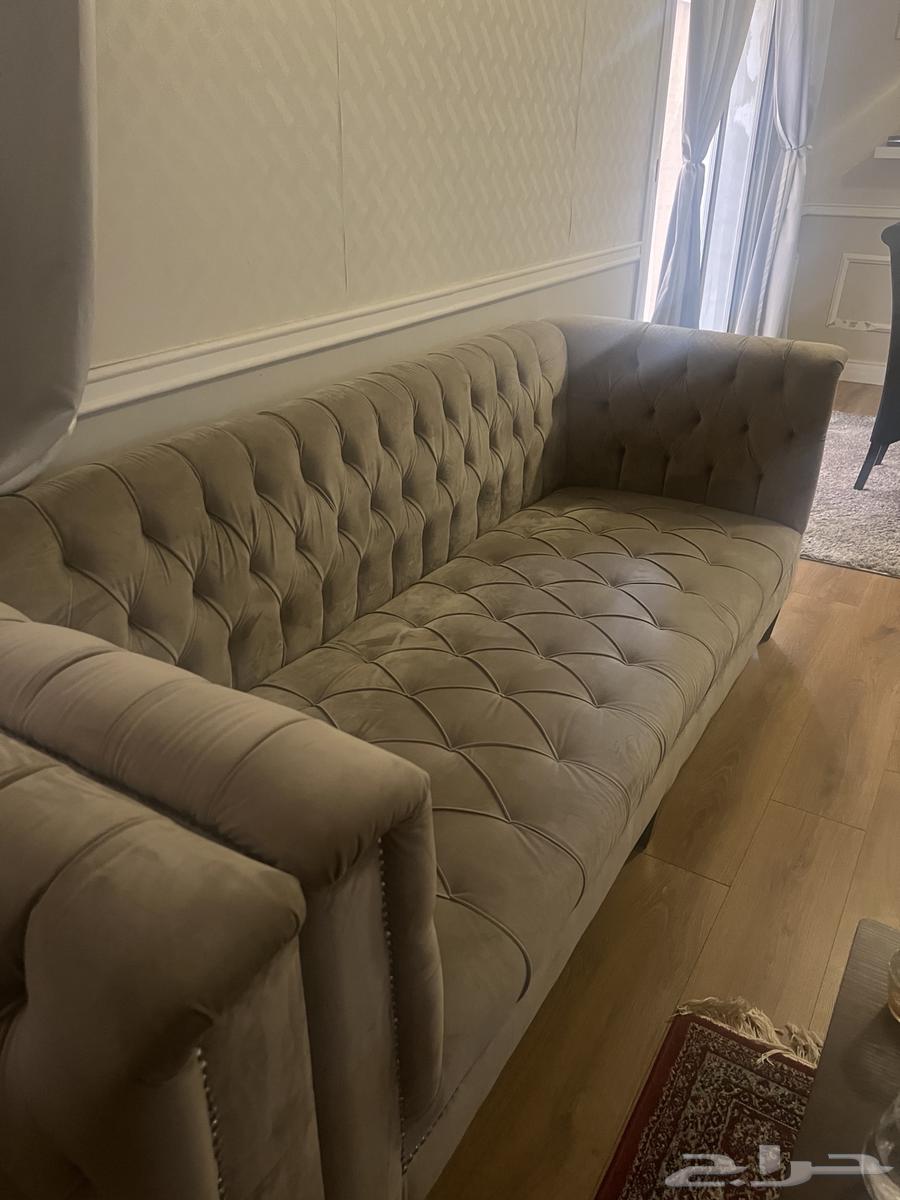 Two dark beige velvet sofas, brother's new one for 400 SAR with TV table64437530732547110