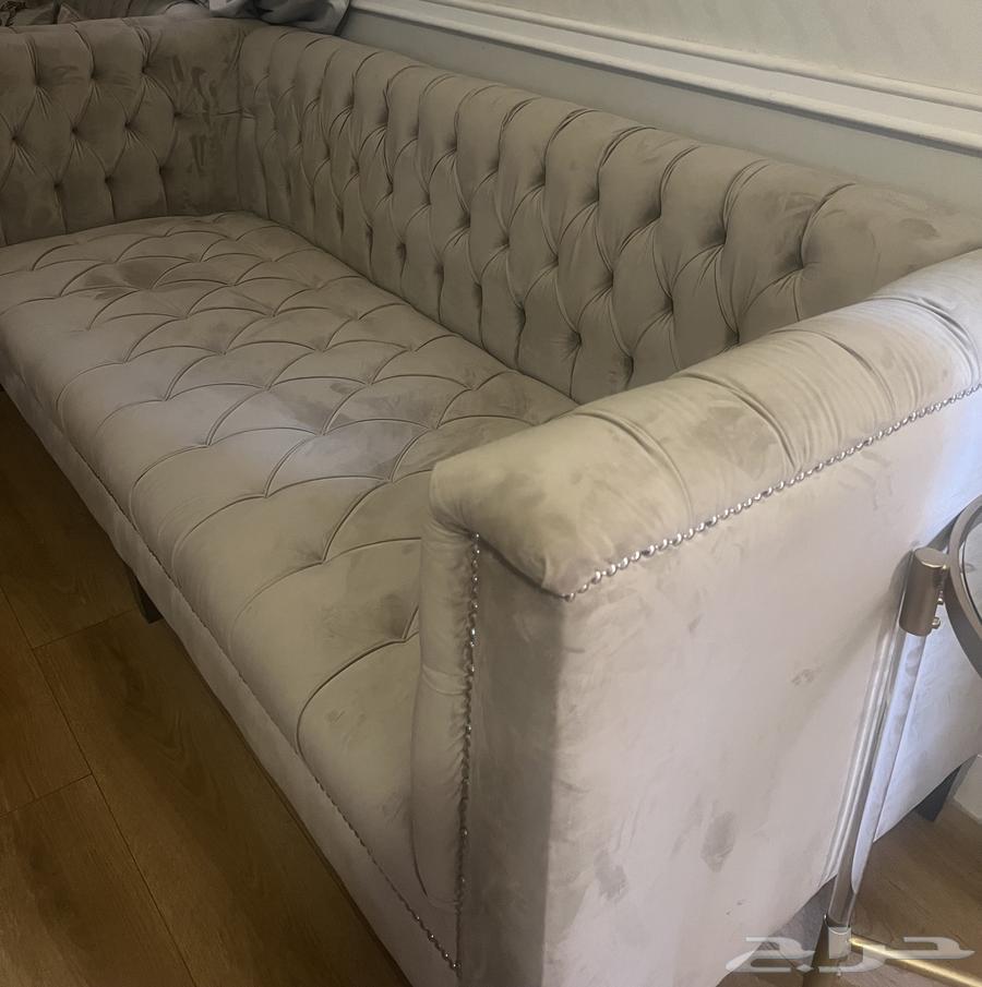 Two dark beige velvet sofas, brother's new one for 400 SAR with TV table64437530732547112