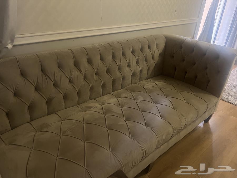 Two dark beige velvet sofas, brother's new one for 400 SAR with TV table64437530732547113