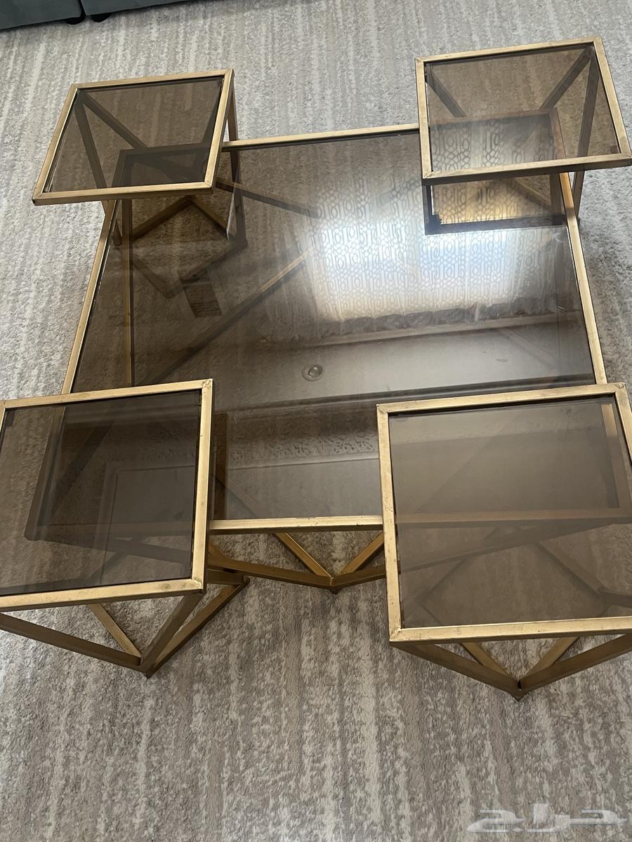 Coffee table with 4 serving tables, rose gold color and dark transparent glass64453737614211110