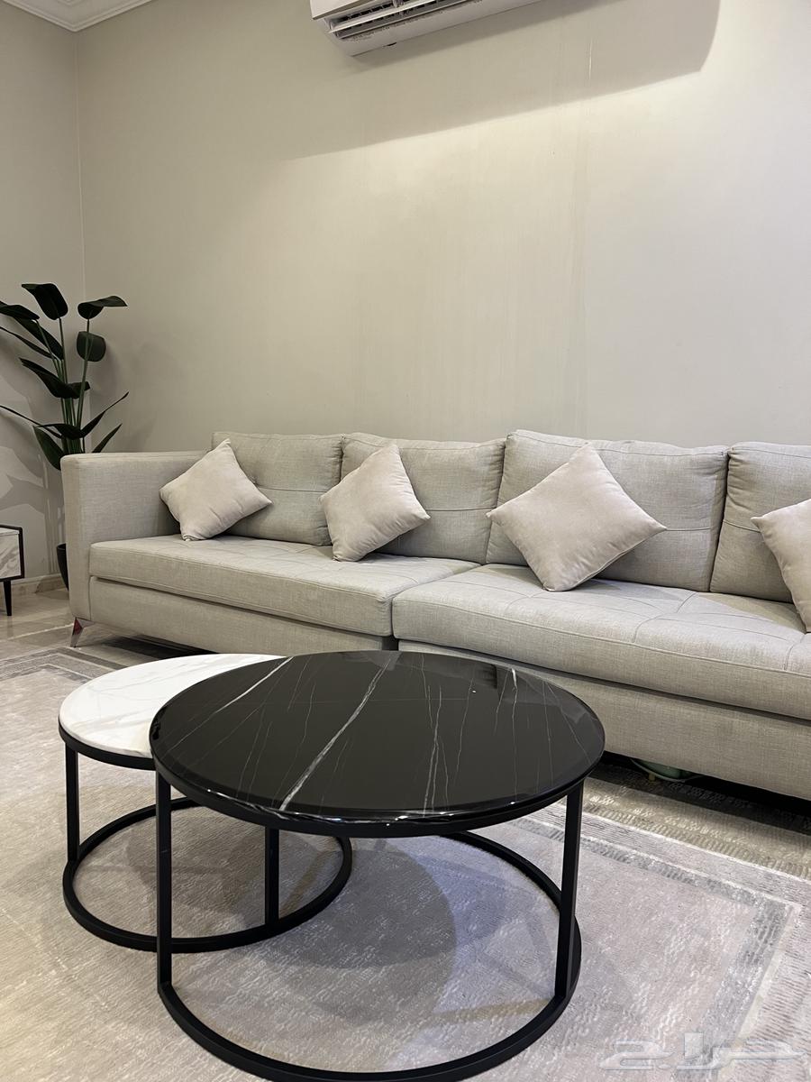 Very clean L-shaped sofa, used for two years, and marble tables for sale for 2500 because of64453641569793111