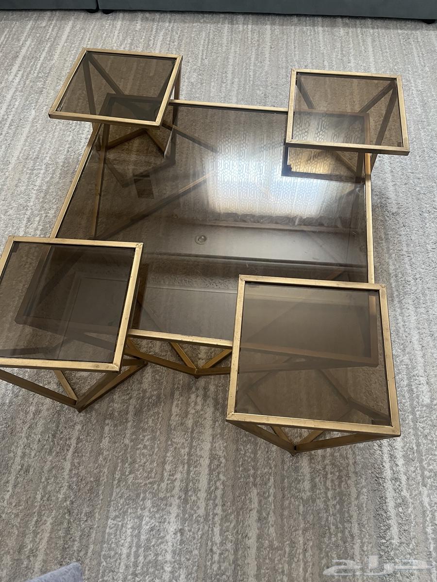 Coffee table with 4 serving tables, rose gold color and dark transparent glass64453737614211111