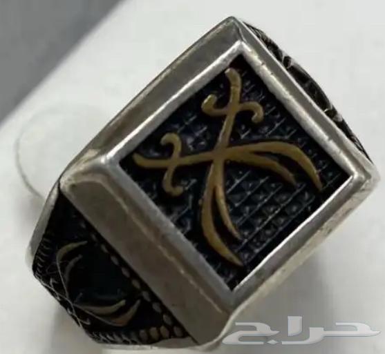 خاتم فضة صافي رجالي مكحل عيار 925 بشعار سيفين64464394166657112
