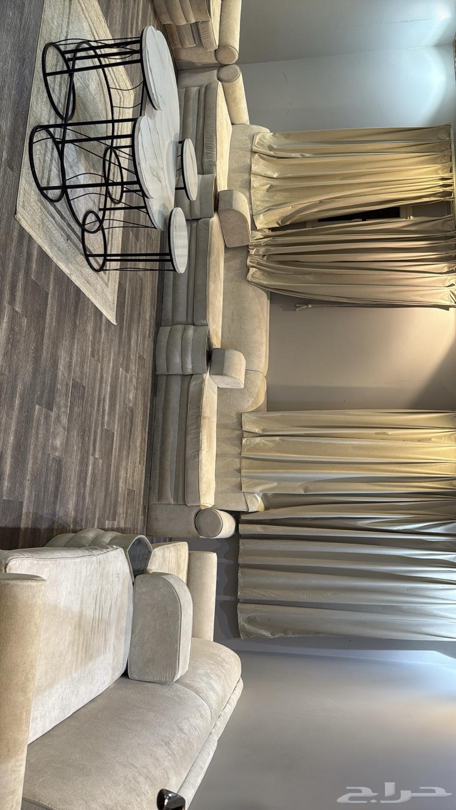 Bouclé fabric upholstered sofa, tables, curtains, carpet64470842195330113