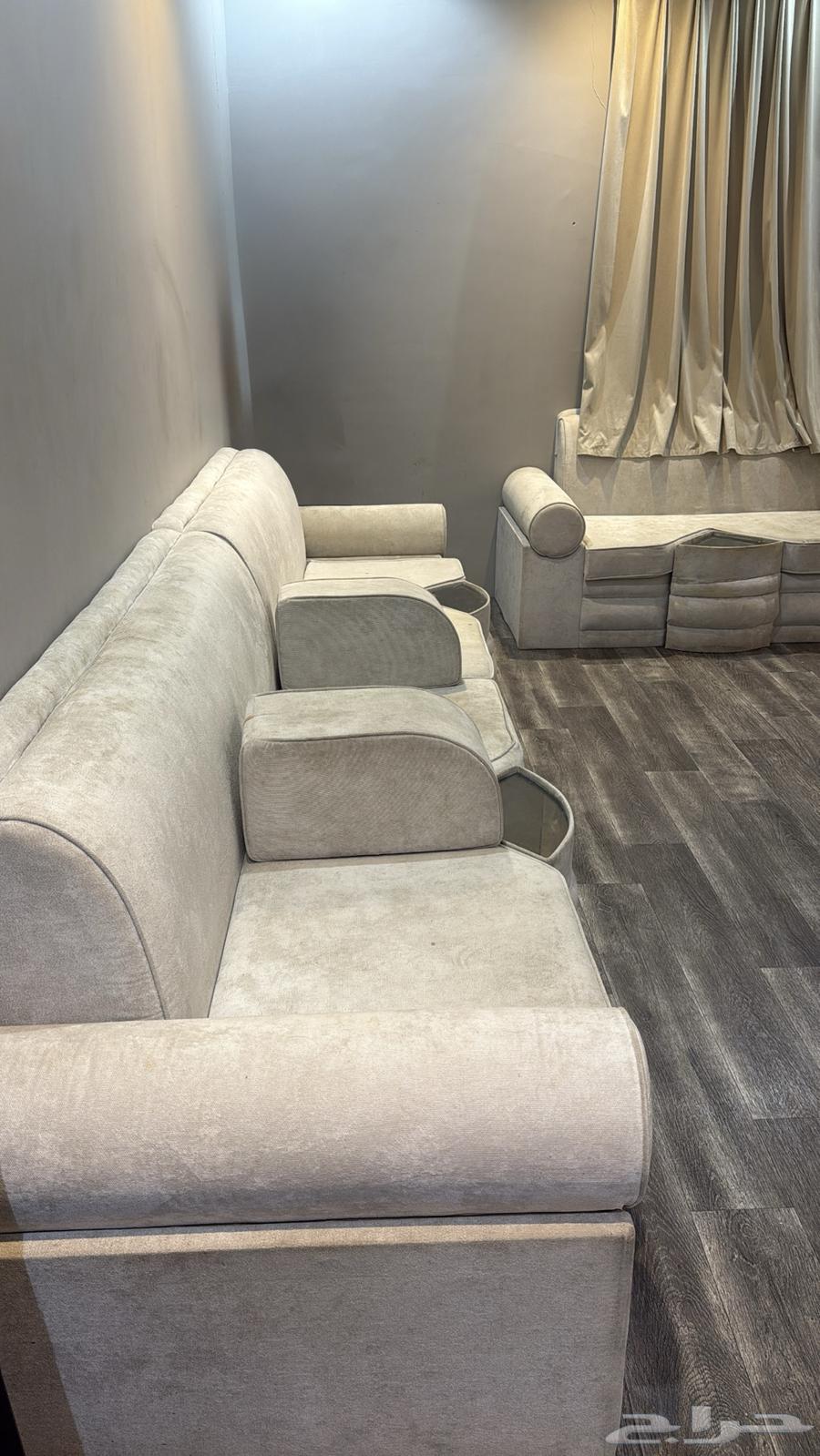 Bouclé fabric upholstered sofa, tables, curtains, carpet64470842195330111