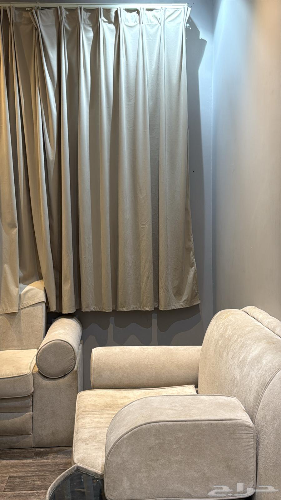 Bouclé fabric upholstered sofa, tables, curtains, carpet64470842195330112