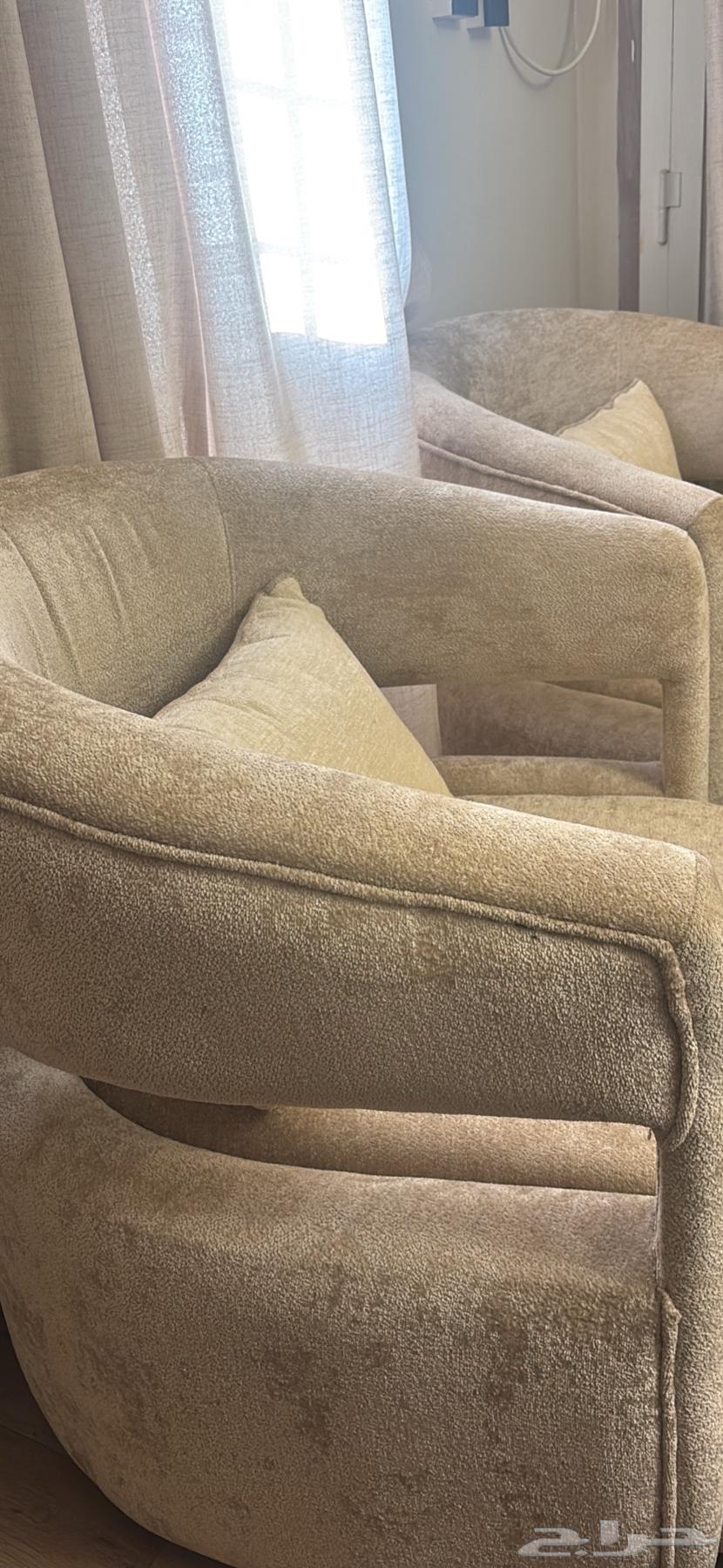 Two sofas with wooden base and new boucle fabric64476406517889111