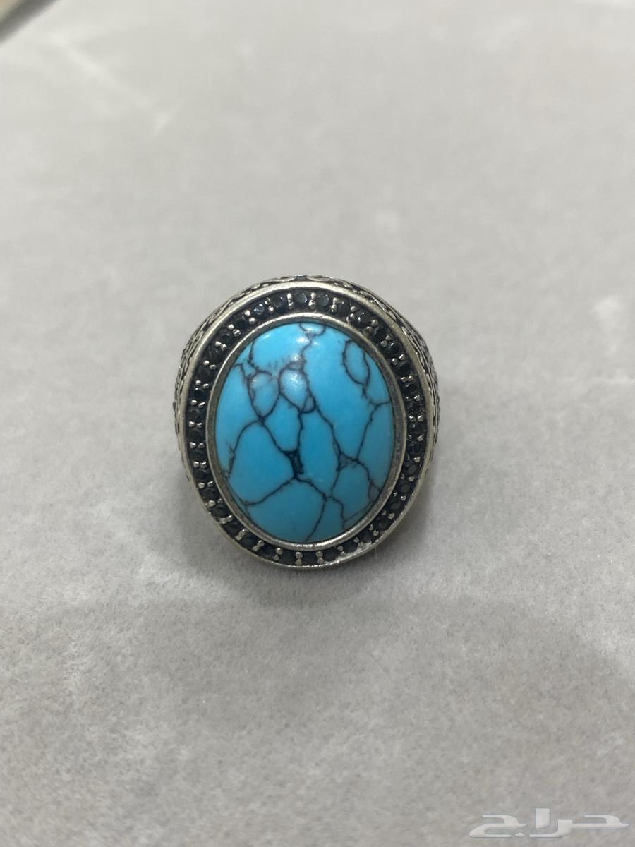 خاتم فيروز فضه عيار 925 مرصع بزركون اسود64479259303939111