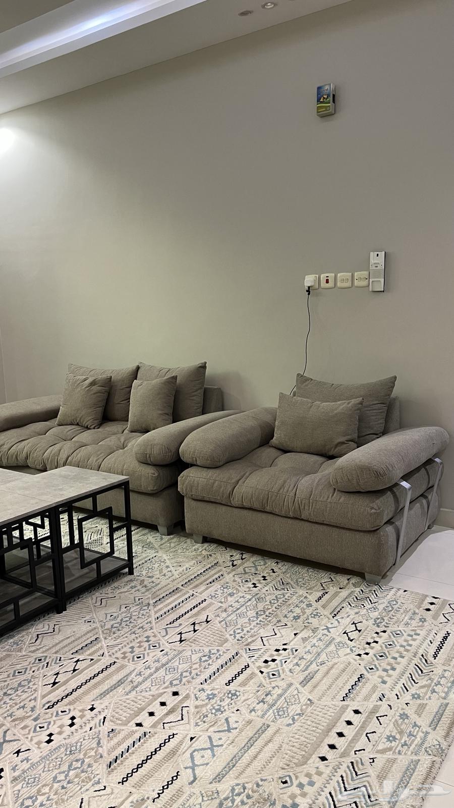 Sofa for sale with carpet, tables, and TV table64491225324035110