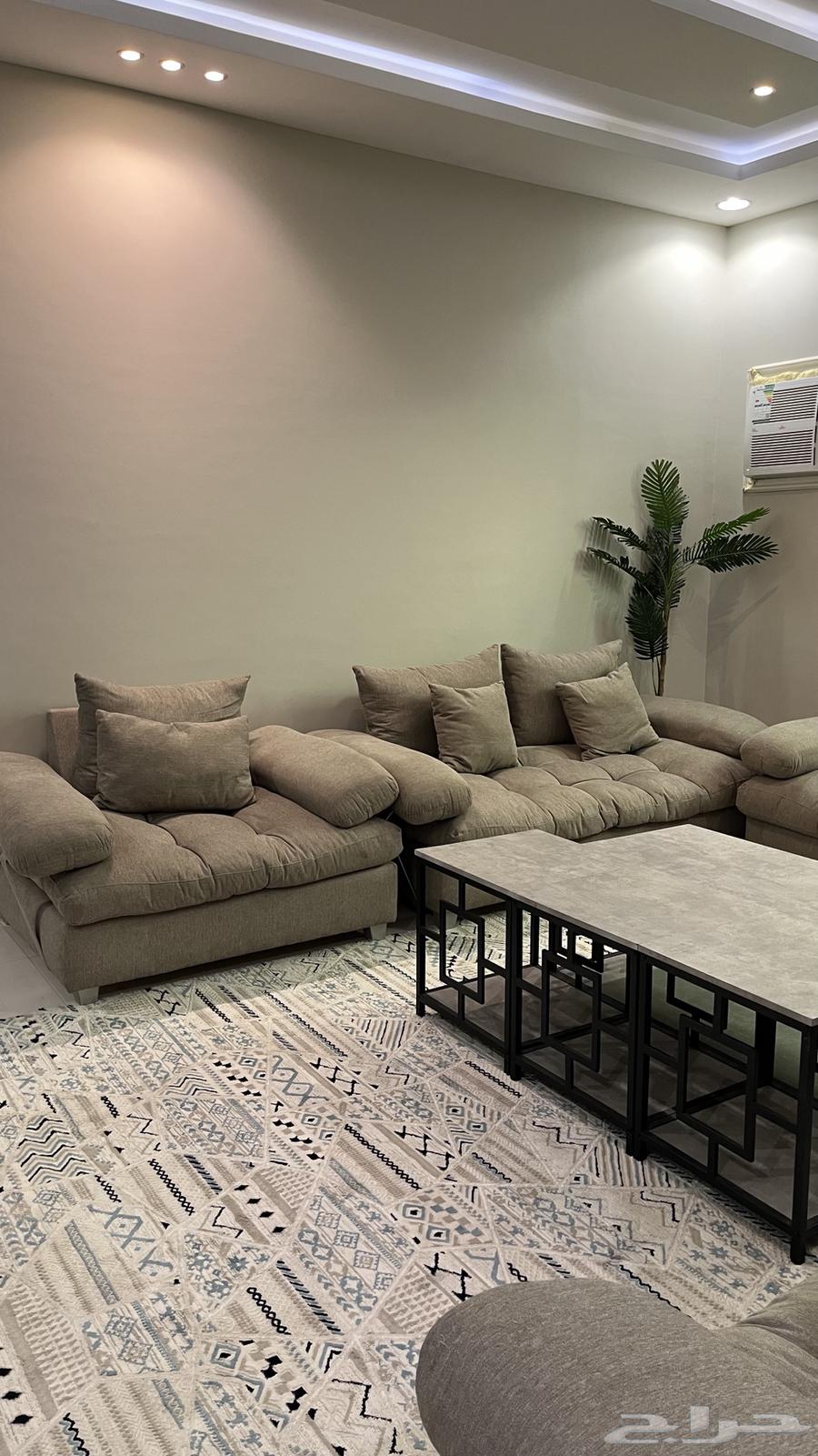 Sofa for sale with carpet, tables, and TV table64491225324035112