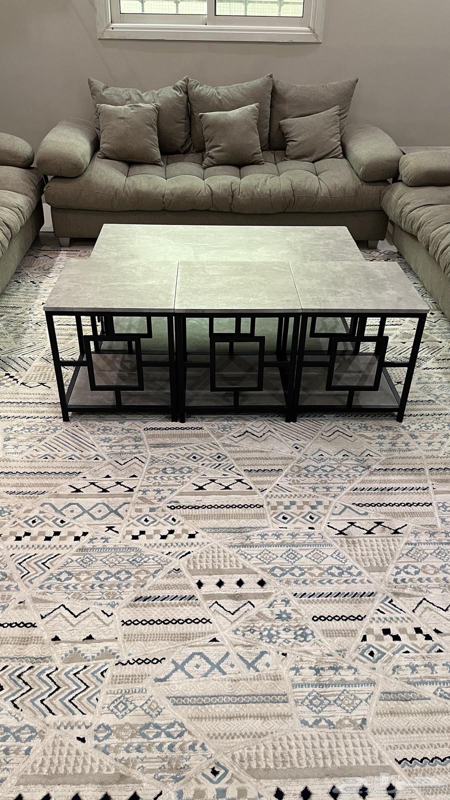 Sofa for sale with carpet, tables, and TV table64491225324035111