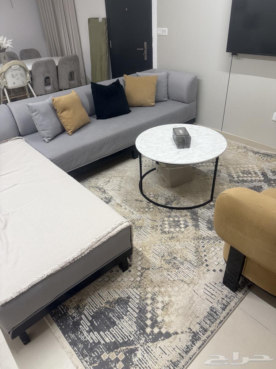 L-shaped sofa with 2 chairs, mattress, table, and cushions 250064496132092803112