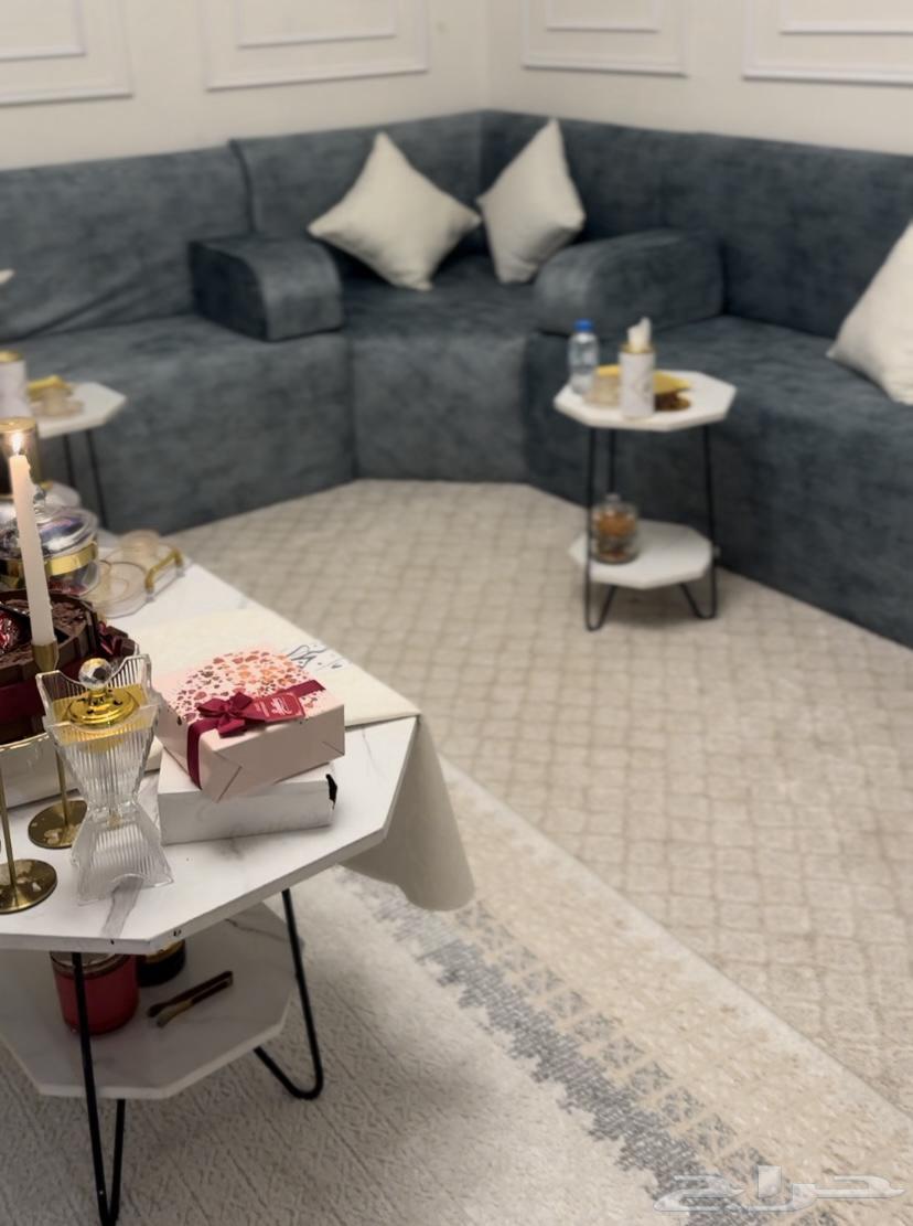 L-shaped sofa, tarpaulin, and tables for sale64503036358274111