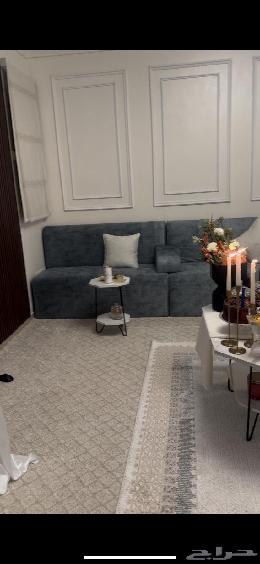 L-shaped sofa, tarpaulin, and tables for sale64503036358274112