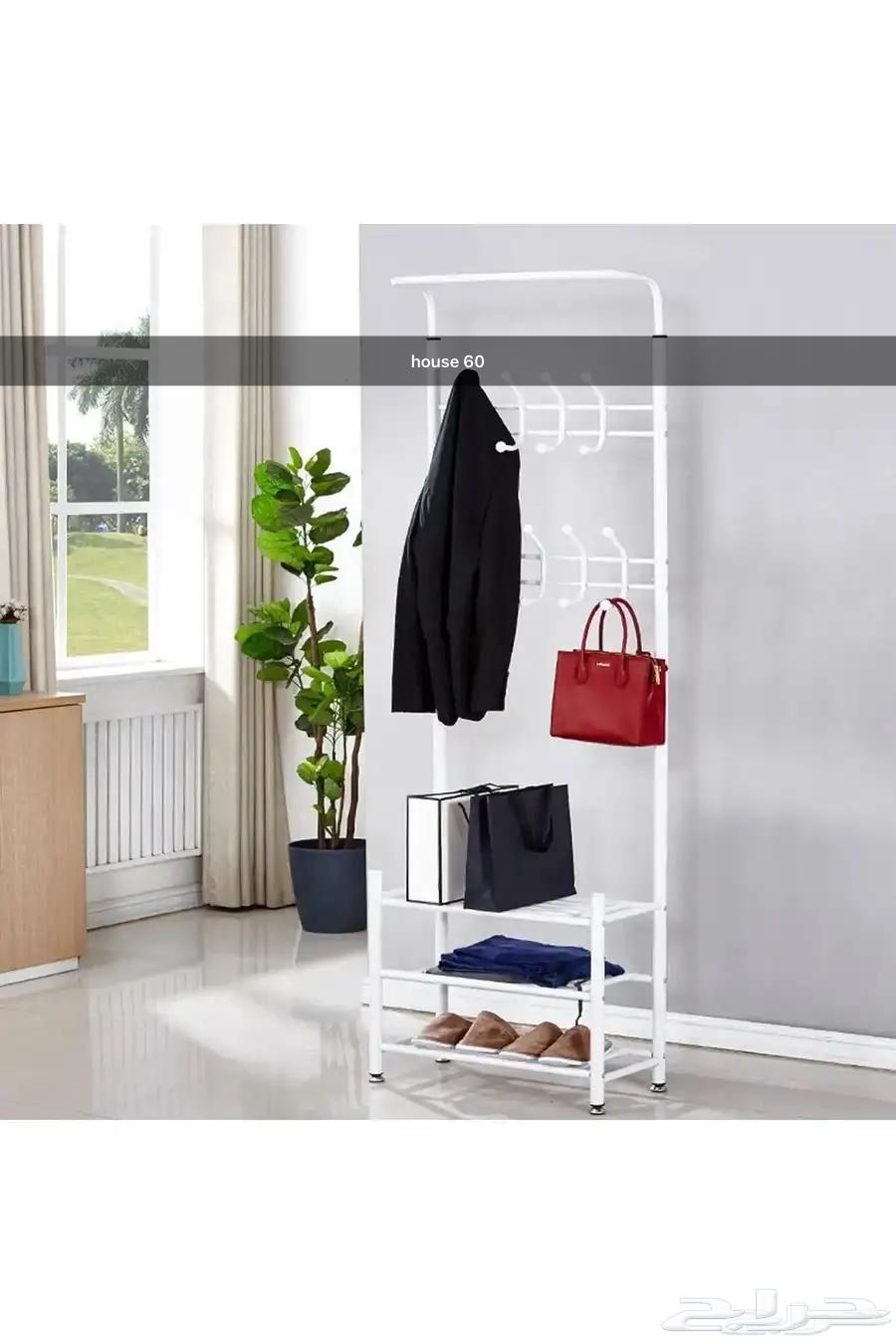 منظم علاقة ملابس معدن وحامل ملابس بخطافات و3 رفوف احذية64508999143683110