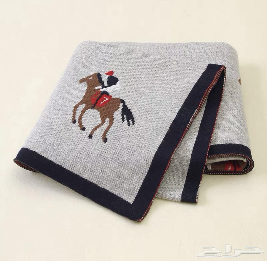 مفرش أطفال قطن محبوك برسمة الخيول - رمادي أنيق64519342305667112