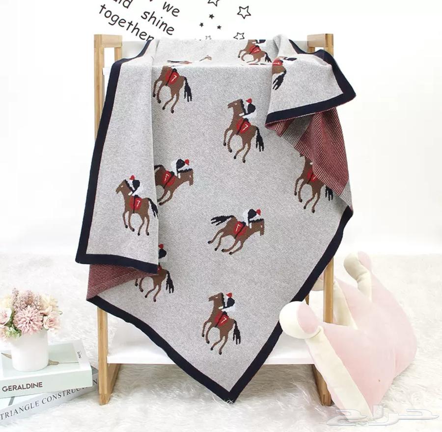 مفرش أطفال قطن محبوك برسمة الخيول - رمادي أنيق64519342305667111