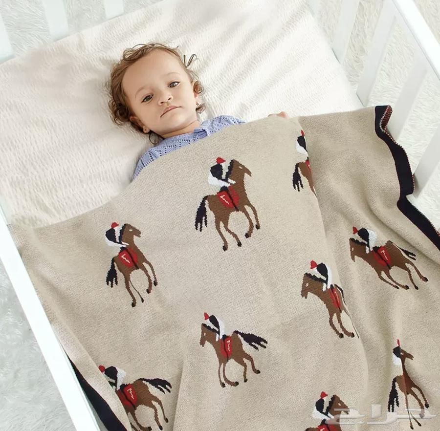 مفرش أطفال قطن محبوك برسمة الخيول - رمادي أنيق64519342305667110