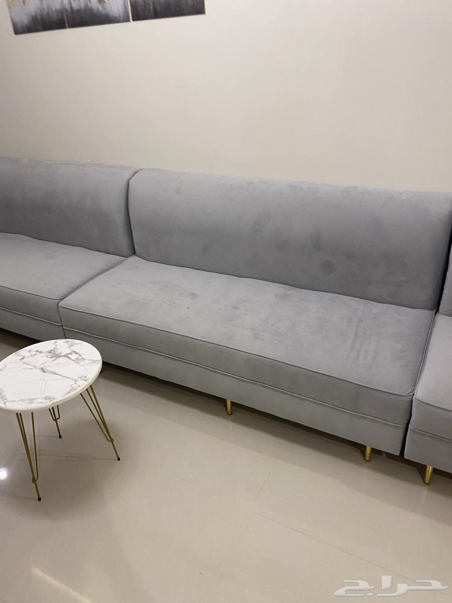 New gray sofa with cushions, tables, and curtain64543365828481113