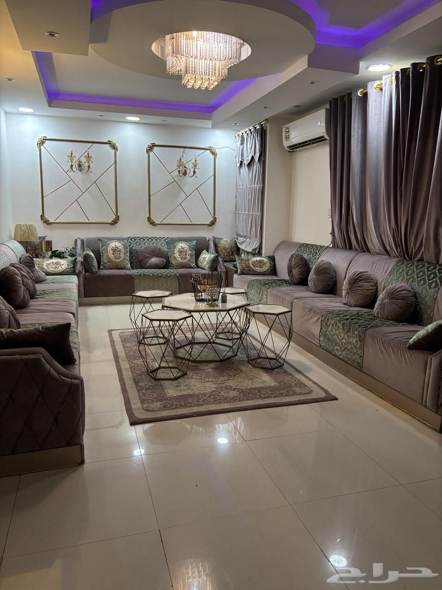 Clean sofa for sale with curtains, carpet, and tables64544340677635111