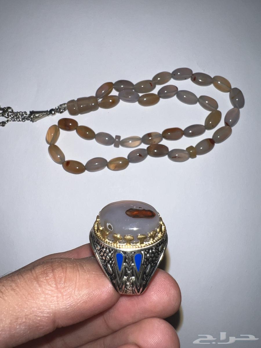 خاتم عقيق يماني فضة عيار 925 ومسبحة عقيق يماني من نفس التوع64560916892417111