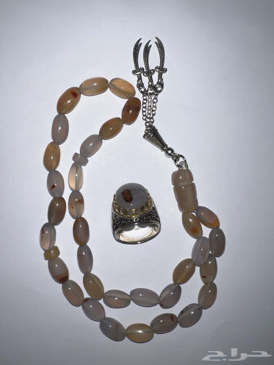 خاتم عقيق يماني فضة عيار 925 ومسبحة عقيق يماني من نفس التوع64560916892417110